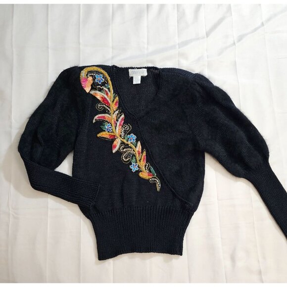 Vintage Side Effects Black Beaded V-neck Sweater Shoulder Pads S - Picture 7 of 7